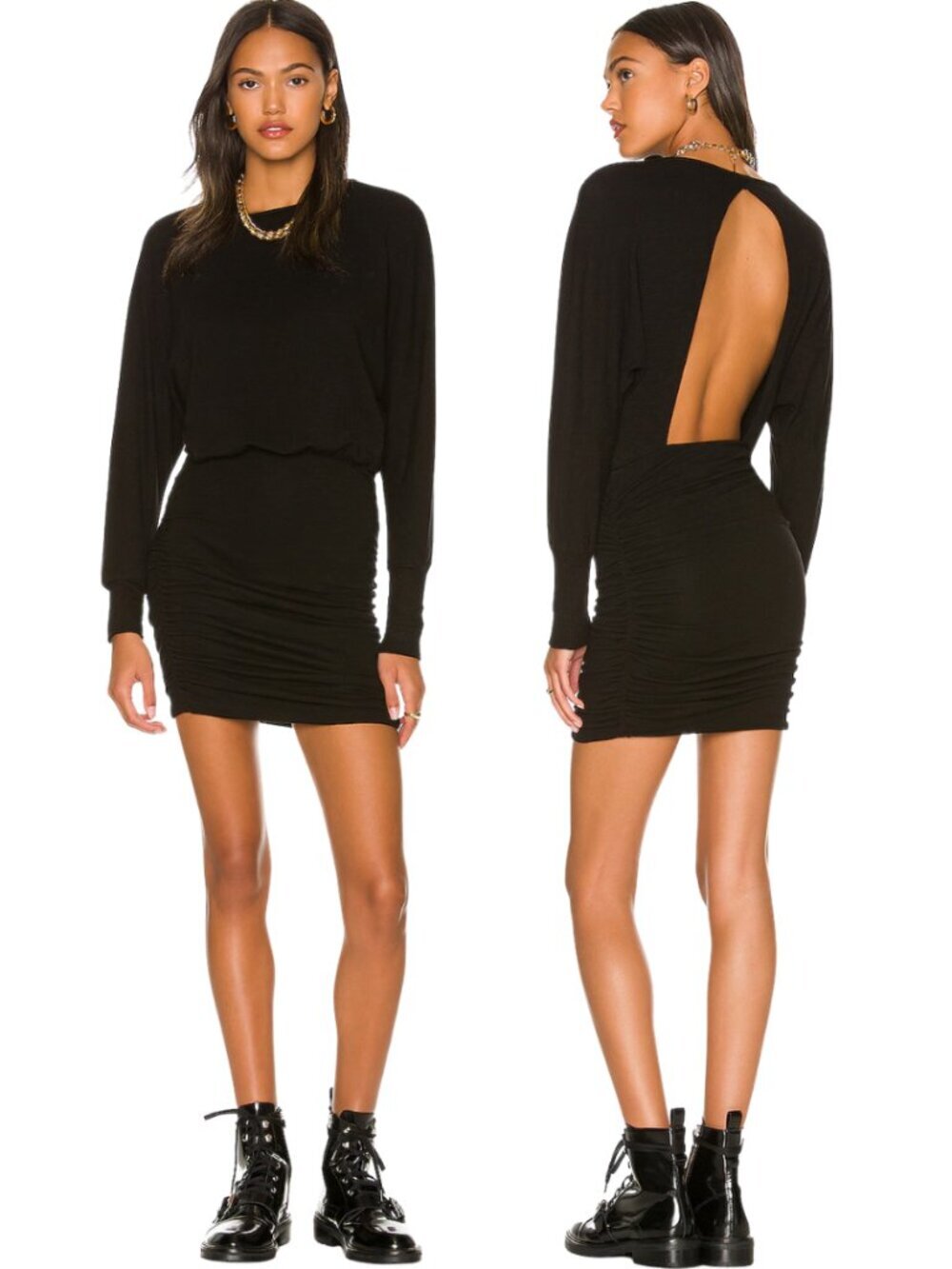 Monrow Supersoft Open Back Shirred Mini Dress Women's Small Black Cocktail NWOT